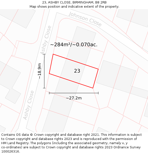 23, ASHBY CLOSE, BIRMINGHAM, B8 2RB: Plot and title map