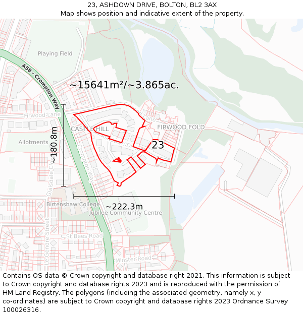 23, ASHDOWN DRIVE, BOLTON, BL2 3AX: Plot and title map