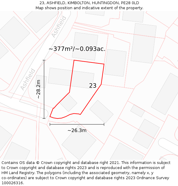 23, ASHFIELD, KIMBOLTON, HUNTINGDON, PE28 0LD: Plot and title map