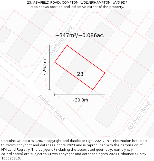 23, ASHFIELD ROAD, COMPTON, WOLVERHAMPTON, WV3 9DP: Plot and title map