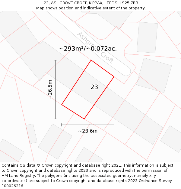 23, ASHGROVE CROFT, KIPPAX, LEEDS, LS25 7RB: Plot and title map