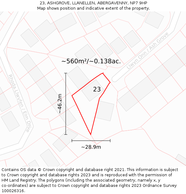 23, ASHGROVE, LLANELLEN, ABERGAVENNY, NP7 9HP: Plot and title map