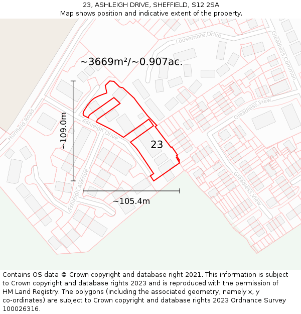 23, ASHLEIGH DRIVE, SHEFFIELD, S12 2SA: Plot and title map