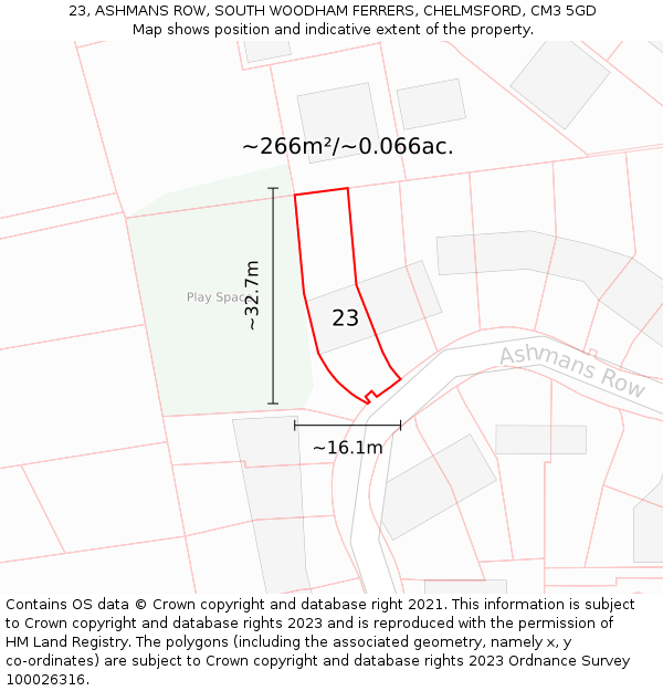 23, ASHMANS ROW, SOUTH WOODHAM FERRERS, CHELMSFORD, CM3 5GD: Plot and title map