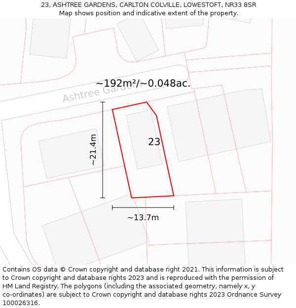 23, ASHTREE GARDENS, CARLTON COLVILLE, LOWESTOFT, NR33 8SR: Plot and title map