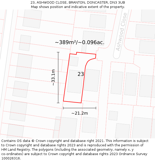 23, ASHWOOD CLOSE, BRANTON, DONCASTER, DN3 3UB: Plot and title map