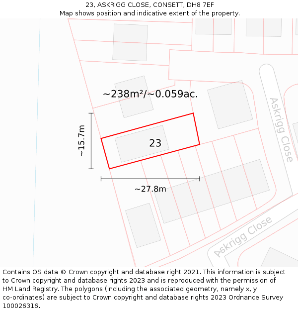23, ASKRIGG CLOSE, CONSETT, DH8 7EF: Plot and title map