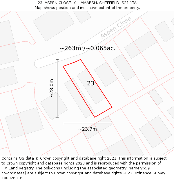 23, ASPEN CLOSE, KILLAMARSH, SHEFFIELD, S21 1TA: Plot and title map
