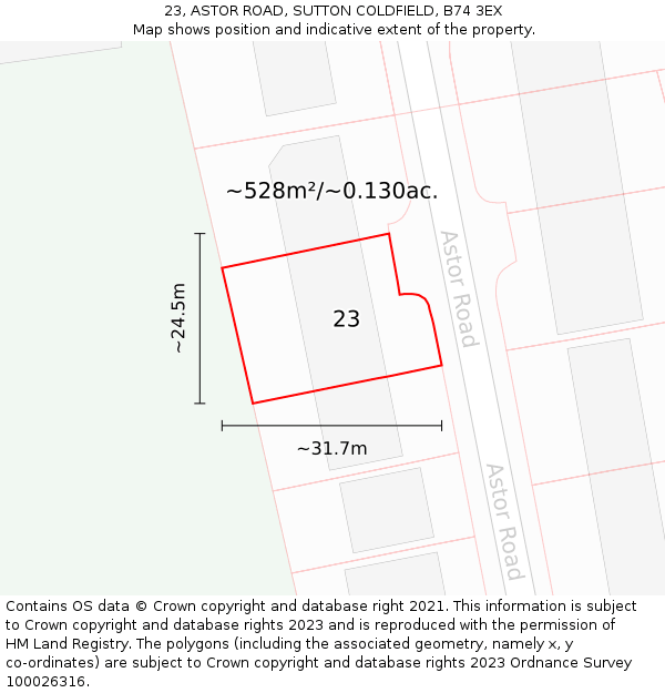 23, ASTOR ROAD, SUTTON COLDFIELD, B74 3EX: Plot and title map