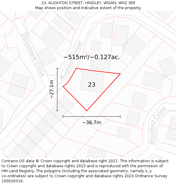 23, AUGHTON STREET, HINDLEY, WIGAN, WN2 3ER: Plot and title map