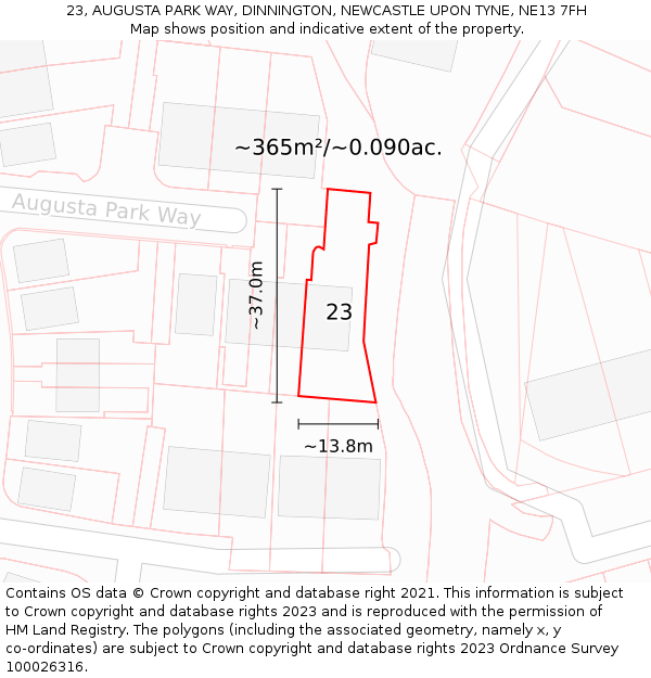 23, AUGUSTA PARK WAY, DINNINGTON, NEWCASTLE UPON TYNE, NE13 7FH: Plot and title map