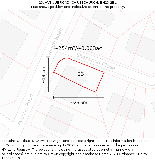 23, AVENUE ROAD, CHRISTCHURCH, BH23 2BU: Plot and title map