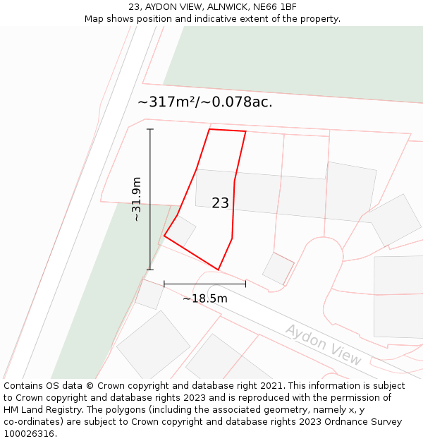 23, AYDON VIEW, ALNWICK, NE66 1BF: Plot and title map