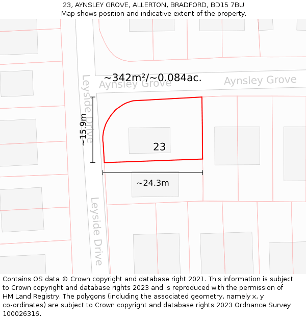 23, AYNSLEY GROVE, ALLERTON, BRADFORD, BD15 7BU: Plot and title map