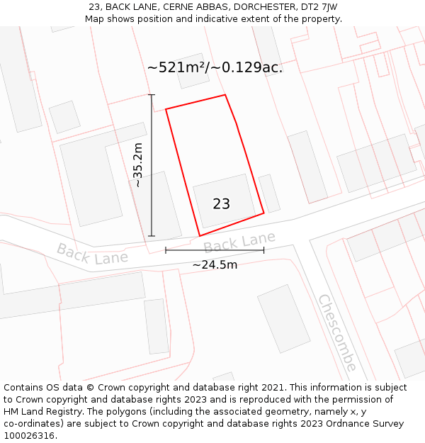 23, BACK LANE, CERNE ABBAS, DORCHESTER, DT2 7JW: Plot and title map