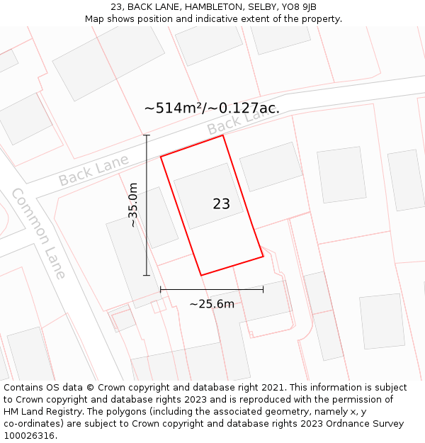 23, BACK LANE, HAMBLETON, SELBY, YO8 9JB: Plot and title map