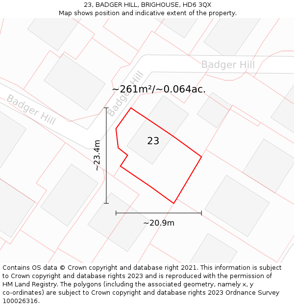 23, BADGER HILL, BRIGHOUSE, HD6 3QX: Plot and title map