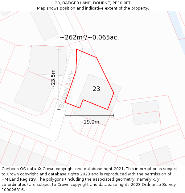 23, BADGER LANE, BOURNE, PE10 0FT: Plot and title map