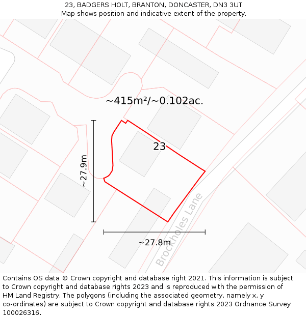 23, BADGERS HOLT, BRANTON, DONCASTER, DN3 3UT: Plot and title map