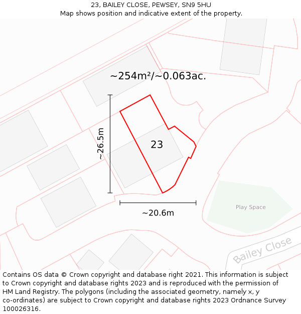 23, BAILEY CLOSE, PEWSEY, SN9 5HU: Plot and title map