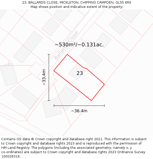 23, BALLARDS CLOSE, MICKLETON, CHIPPING CAMPDEN, GL55 6RS: Plot and title map