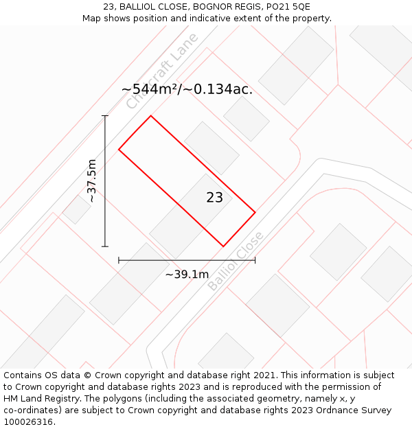 23, BALLIOL CLOSE, BOGNOR REGIS, PO21 5QE: Plot and title map