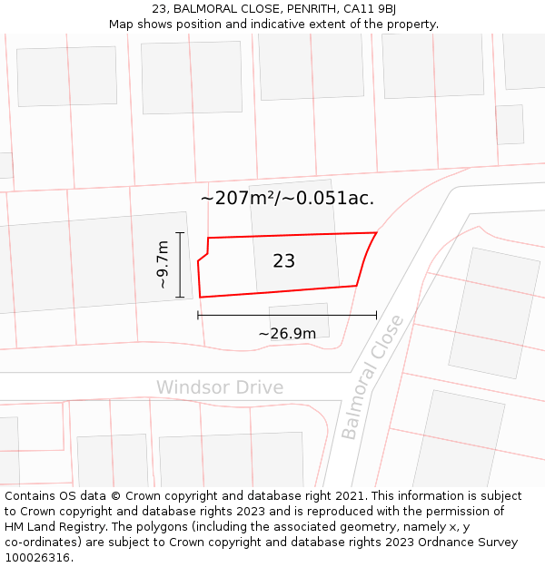 23, BALMORAL CLOSE, PENRITH, CA11 9BJ: Plot and title map