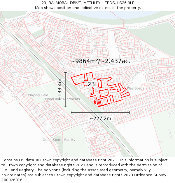 23, BALMORAL DRIVE, METHLEY, LEEDS, LS26 9LE: Plot and title map