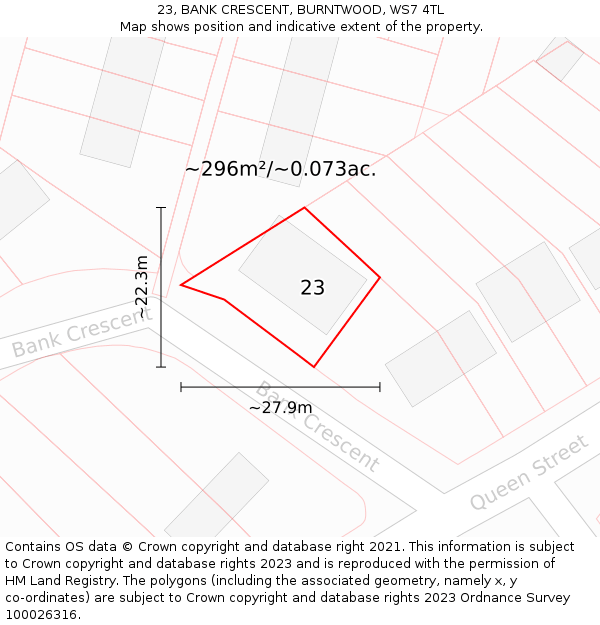 23, BANK CRESCENT, BURNTWOOD, WS7 4TL: Plot and title map