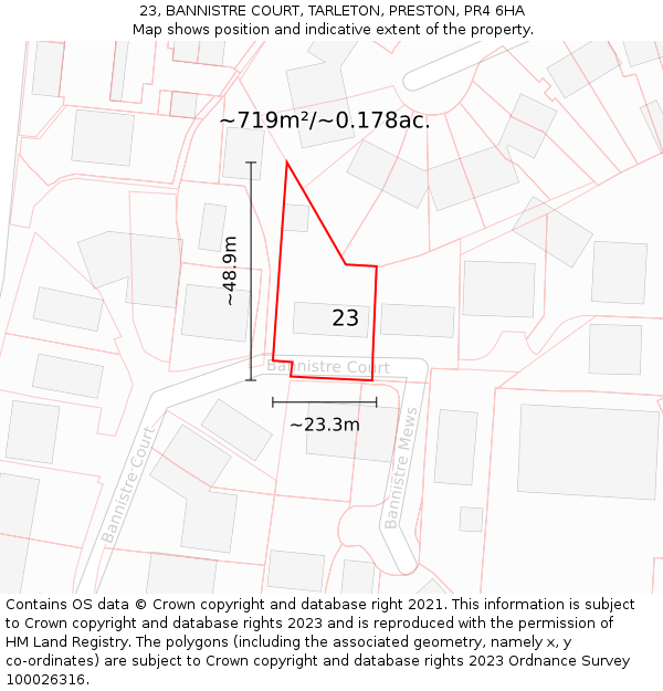 23, BANNISTRE COURT, TARLETON, PRESTON, PR4 6HA: Plot and title map