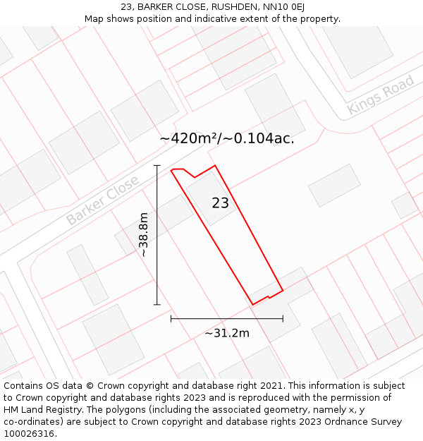 23, BARKER CLOSE, RUSHDEN, NN10 0EJ: Plot and title map