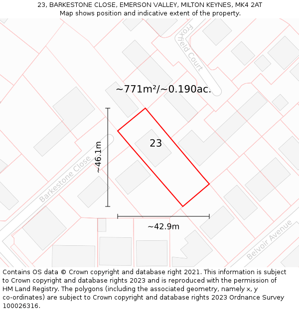 23, BARKESTONE CLOSE, EMERSON VALLEY, MILTON KEYNES, MK4 2AT: Plot and title map