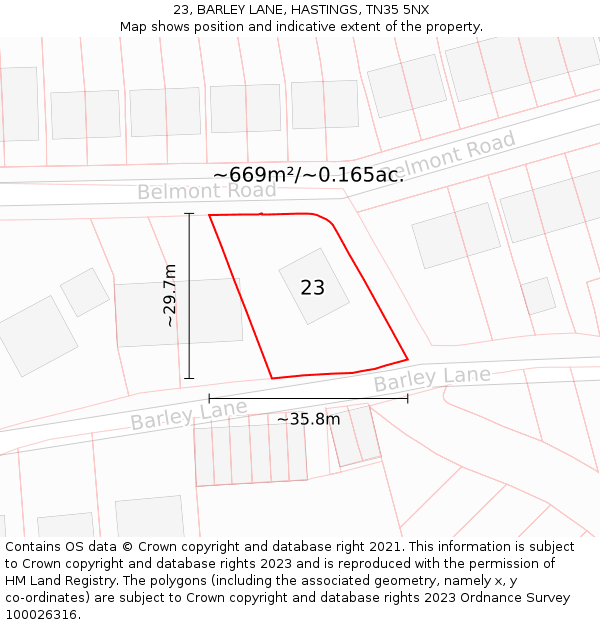23, BARLEY LANE, HASTINGS, TN35 5NX: Plot and title map
