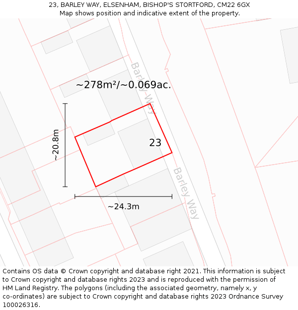 23, BARLEY WAY, ELSENHAM, BISHOP'S STORTFORD, CM22 6GX: Plot and title map