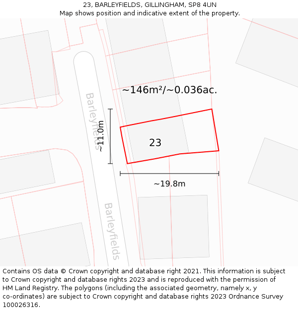 23, BARLEYFIELDS, GILLINGHAM, SP8 4UN: Plot and title map