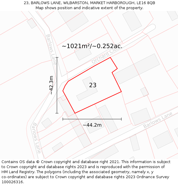 23, BARLOWS LANE, WILBARSTON, MARKET HARBOROUGH, LE16 8QB: Plot and title map