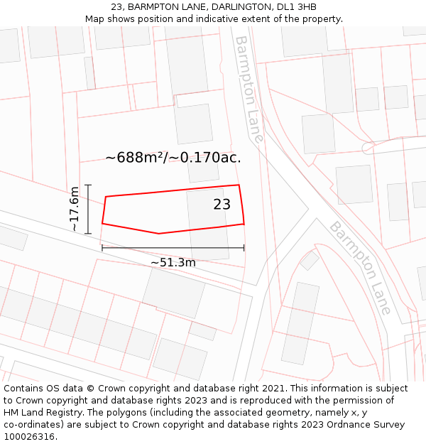 23, BARMPTON LANE, DARLINGTON, DL1 3HB: Plot and title map