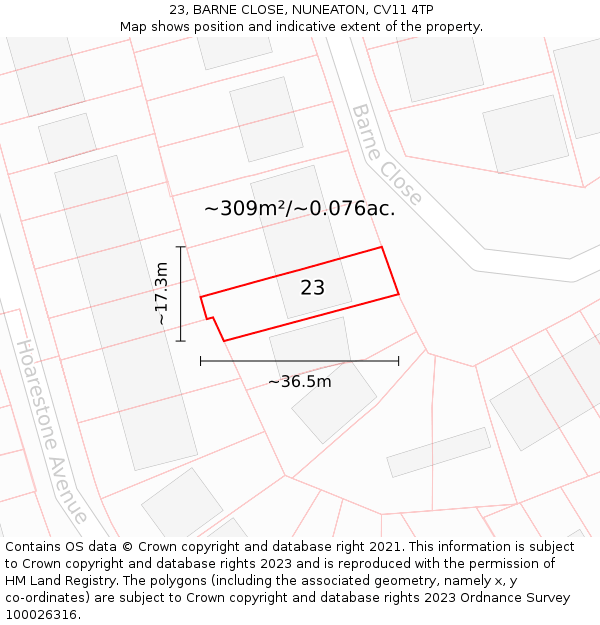 23, BARNE CLOSE, NUNEATON, CV11 4TP: Plot and title map