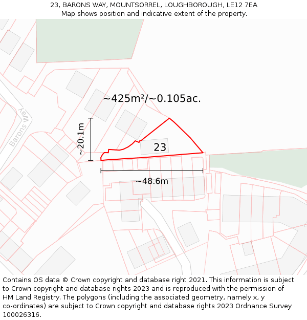 23, BARONS WAY, MOUNTSORREL, LOUGHBOROUGH, LE12 7EA: Plot and title map