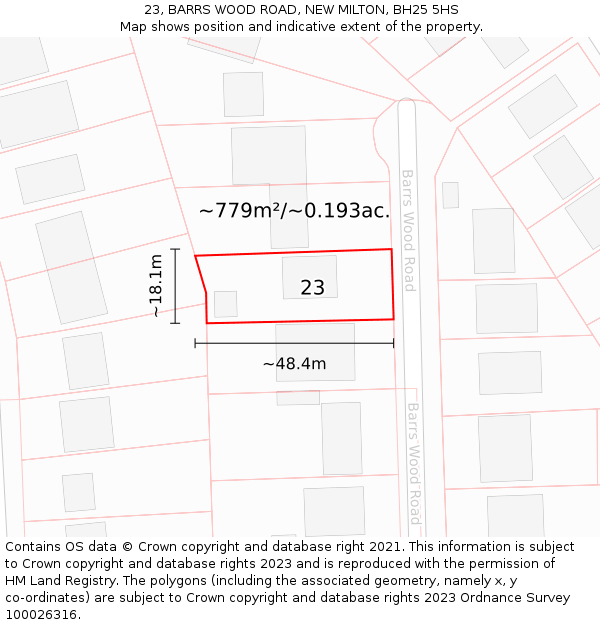 23, BARRS WOOD ROAD, NEW MILTON, BH25 5HS: Plot and title map