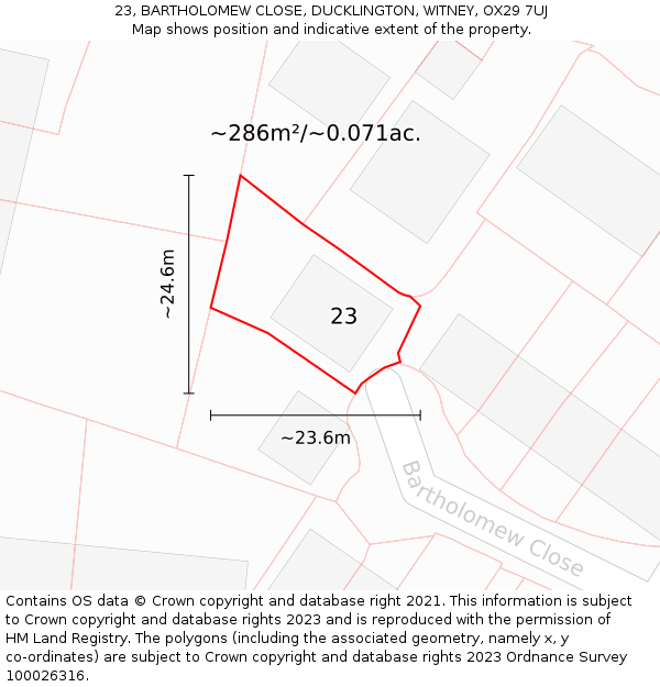 23, BARTHOLOMEW CLOSE, DUCKLINGTON, WITNEY, OX29 7UJ: Plot and title map