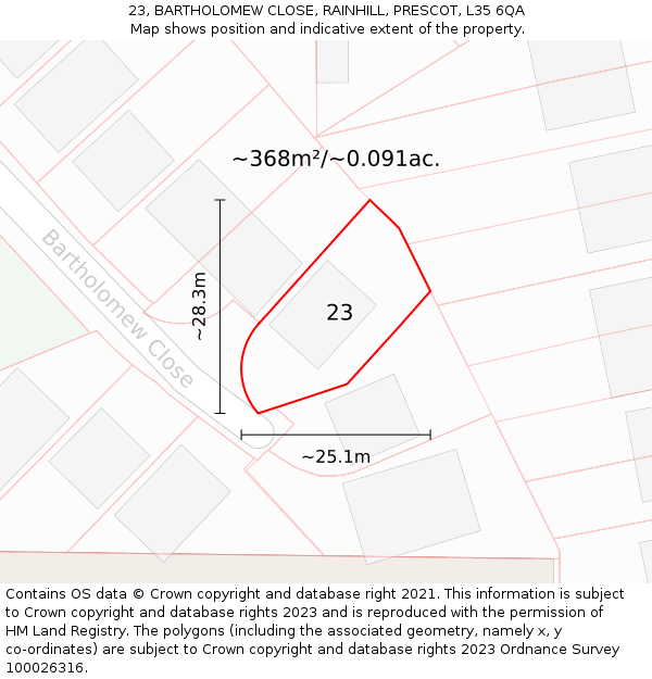 23, BARTHOLOMEW CLOSE, RAINHILL, PRESCOT, L35 6QA: Plot and title map
