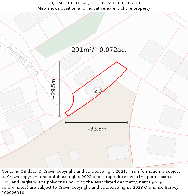 23, BARTLETT DRIVE, BOURNEMOUTH, BH7 7JT: Plot and title map