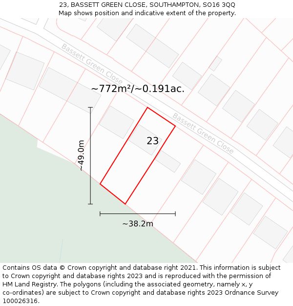 23, BASSETT GREEN CLOSE, SOUTHAMPTON, SO16 3QQ: Plot and title map