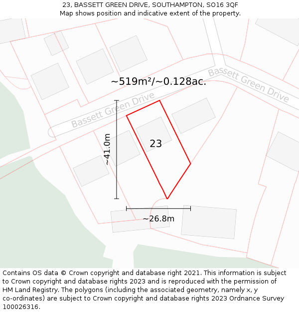 23, BASSETT GREEN DRIVE, SOUTHAMPTON, SO16 3QF: Plot and title map