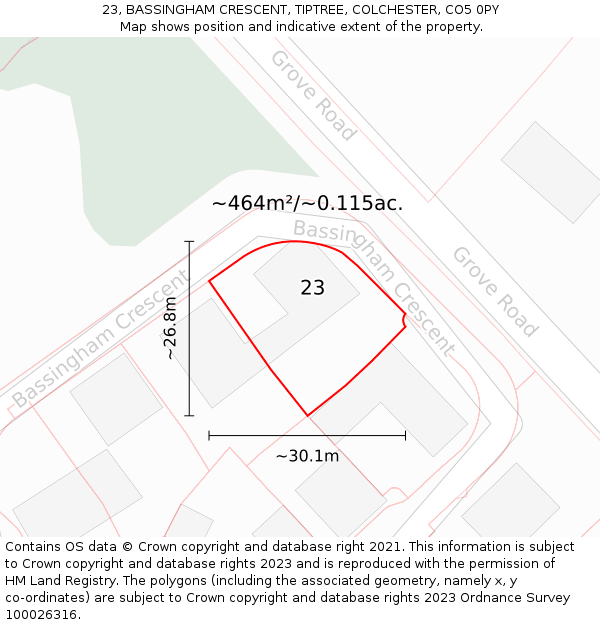 23, BASSINGHAM CRESCENT, TIPTREE, COLCHESTER, CO5 0PY: Plot and title map
