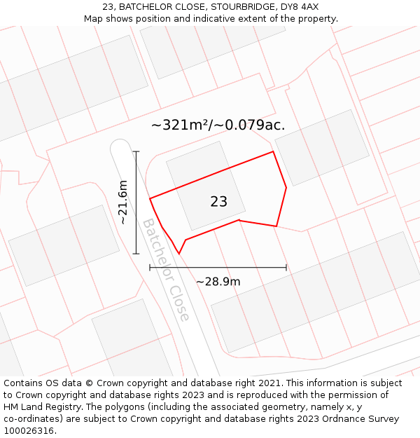 23, BATCHELOR CLOSE, STOURBRIDGE, DY8 4AX: Plot and title map