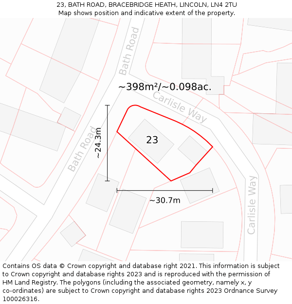 23, BATH ROAD, BRACEBRIDGE HEATH, LINCOLN, LN4 2TU: Plot and title map