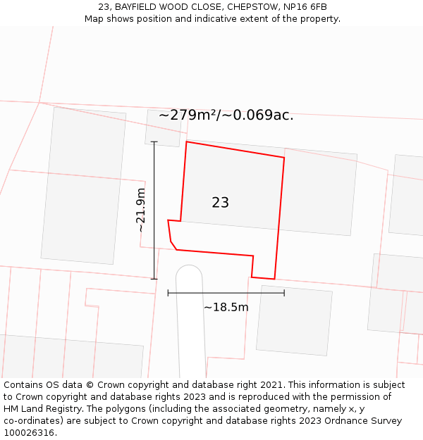 23, BAYFIELD WOOD CLOSE, CHEPSTOW, NP16 6FB: Plot and title map