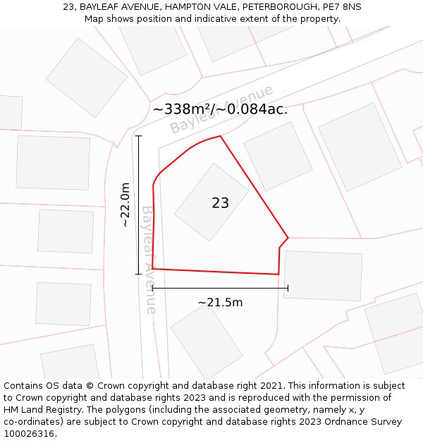 23, BAYLEAF AVENUE, HAMPTON VALE, PETERBOROUGH, PE7 8NS: Plot and title map